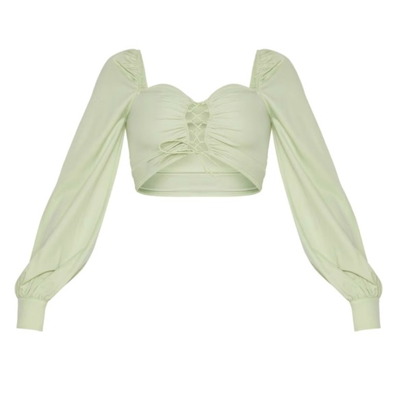 PrettyLittleThing Sage Green Lace Up Long Sleeve Cropped Blouse - Picture 6 of 10